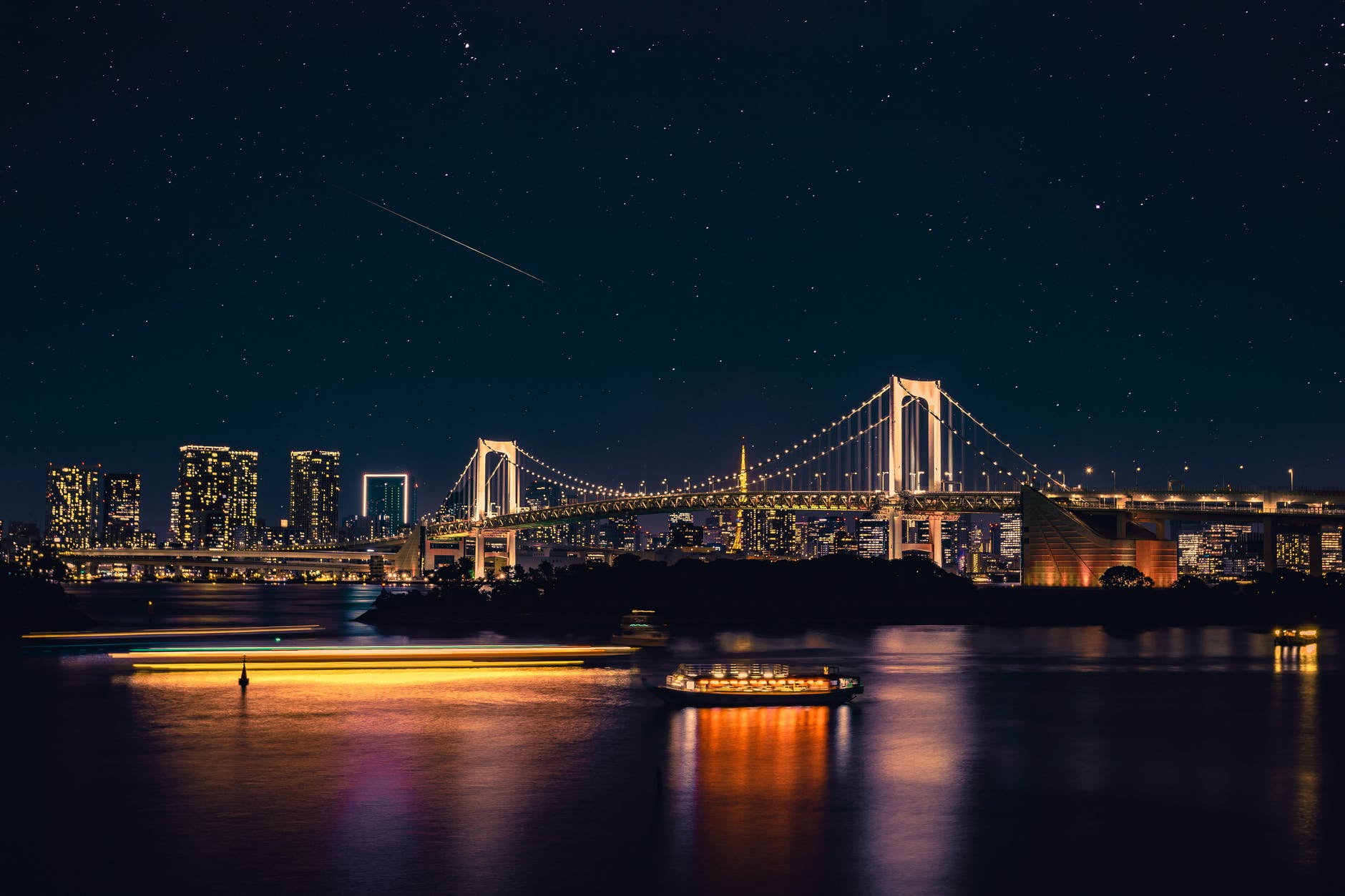 body of water across bridge during nighttime