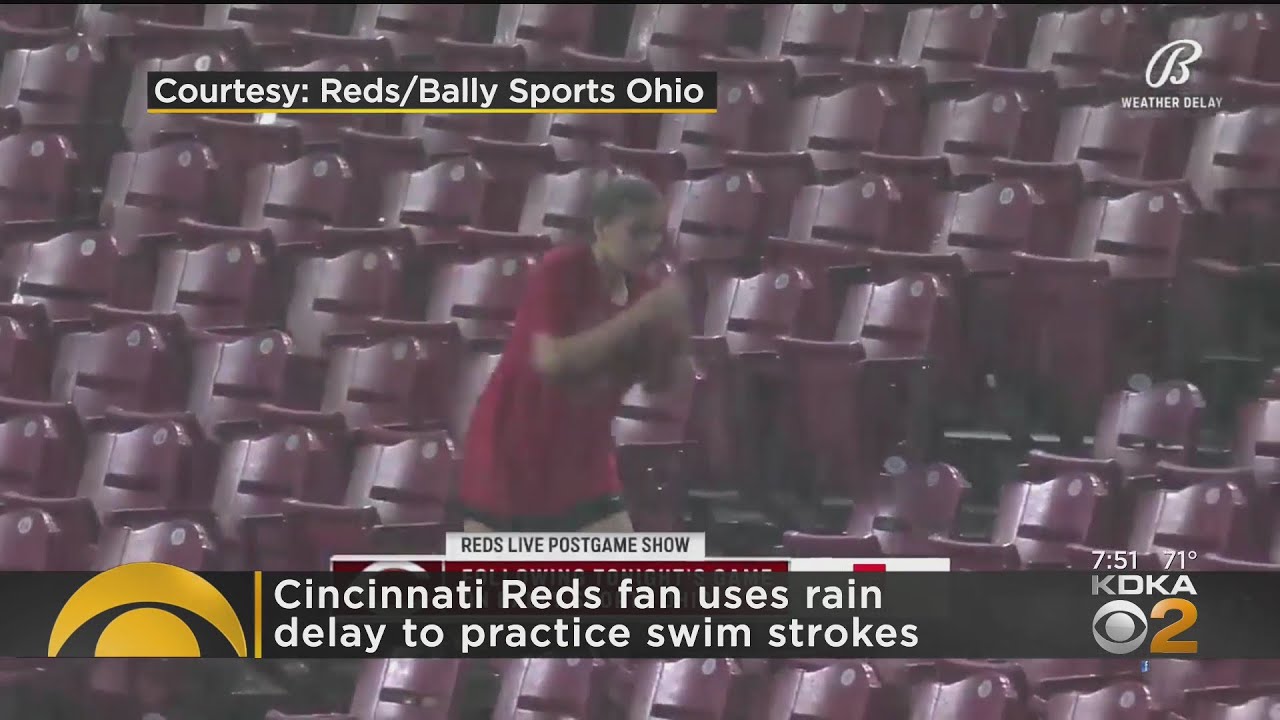 Fan Uses Rain Delay To Practice Swim Strokes | CBS Pittsburgh